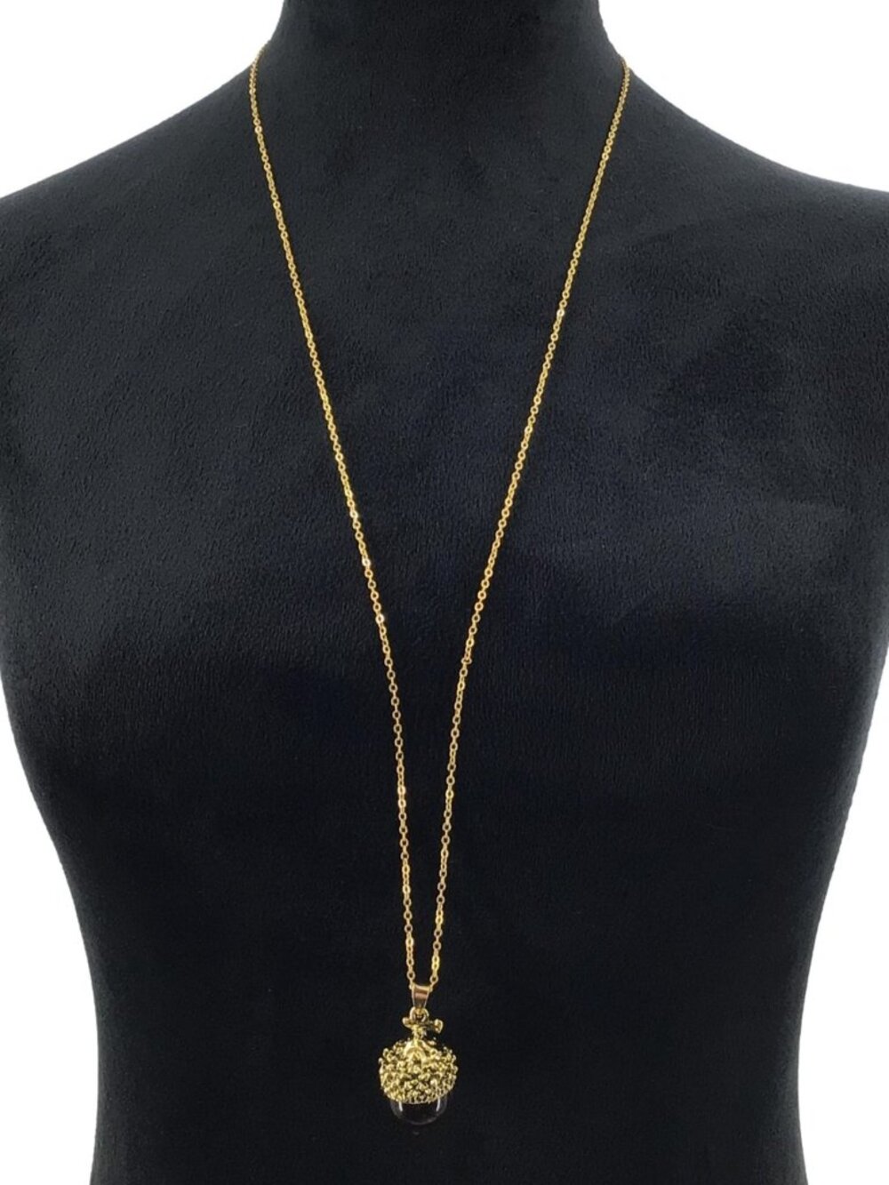 Acorn Pendant Necklace Gold Tone Chain Brown Glass Long Length Womens Jewelry - Picture 3 of 5